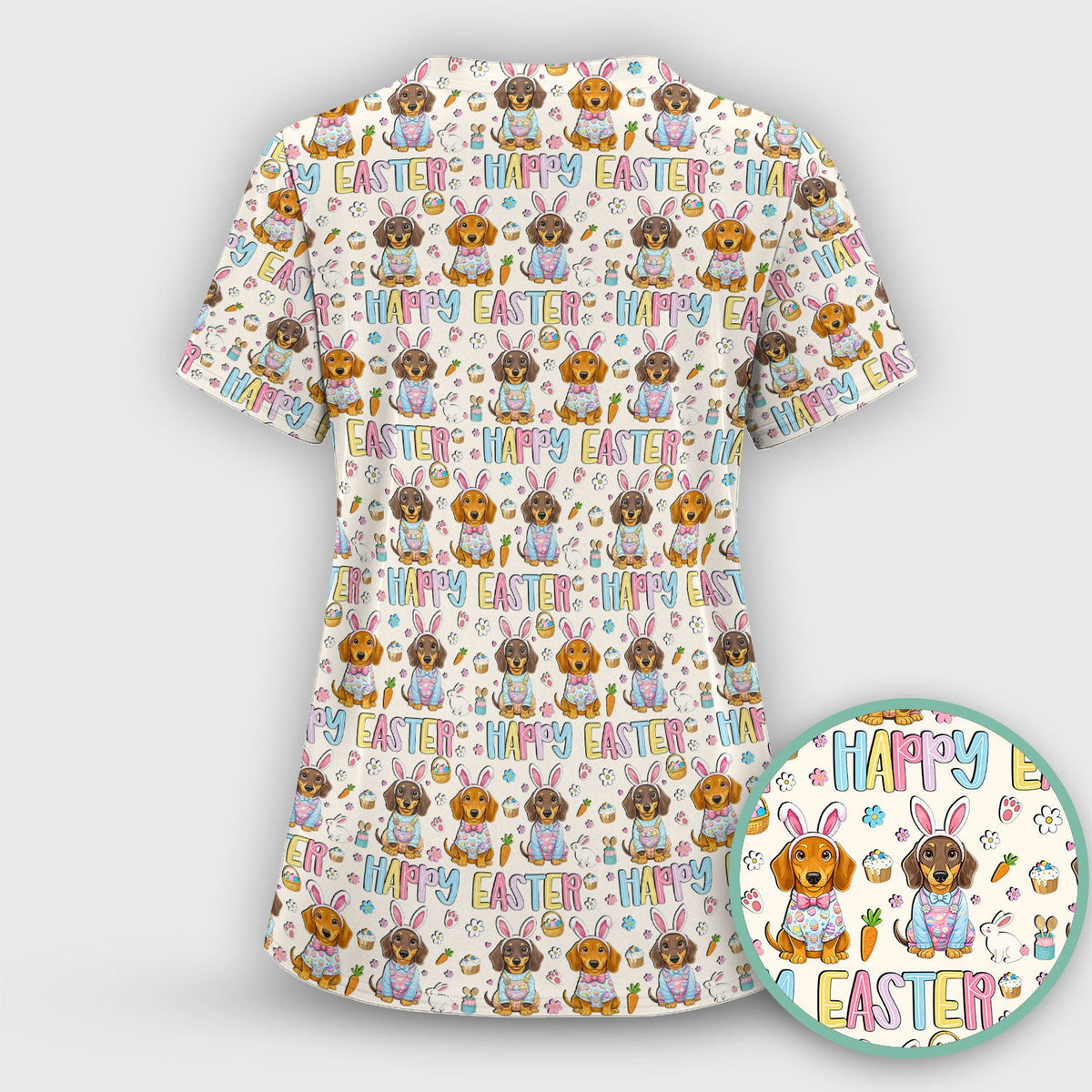 Happy Easter Dachshund Bunny Print Scrub Top, Comfortable Scrubs for Nurses