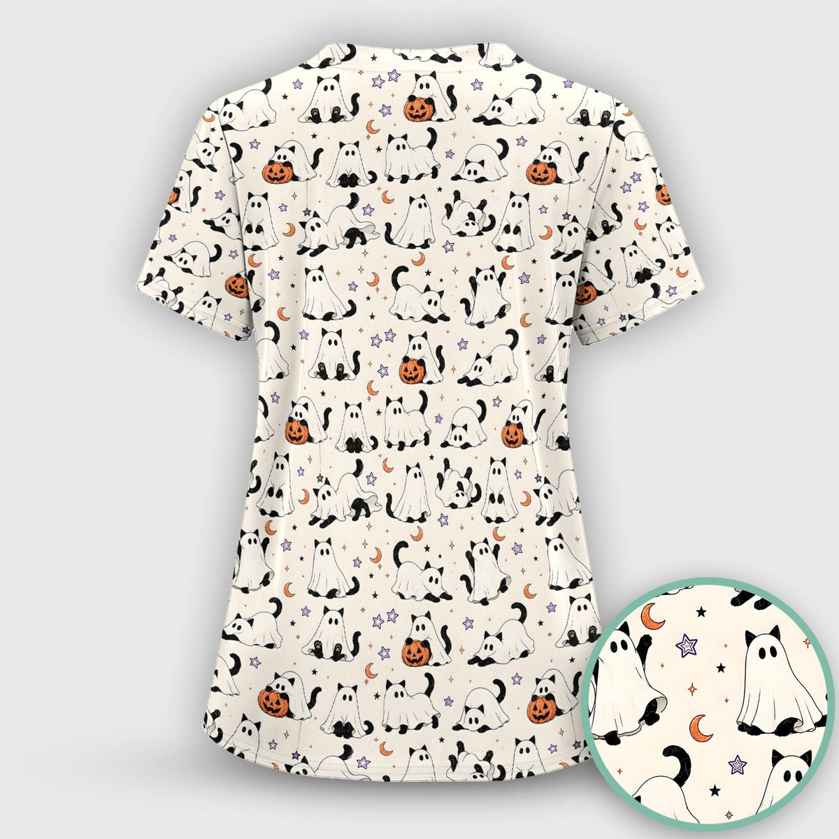 Ghost Cats Pumpkins Nurse Scrub Top - Halloween Gift