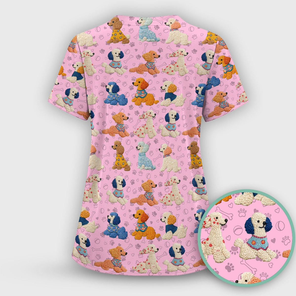 Cute Colorful Poodle Pattern Scrub Top, Comfortable Scrubs for Nurses