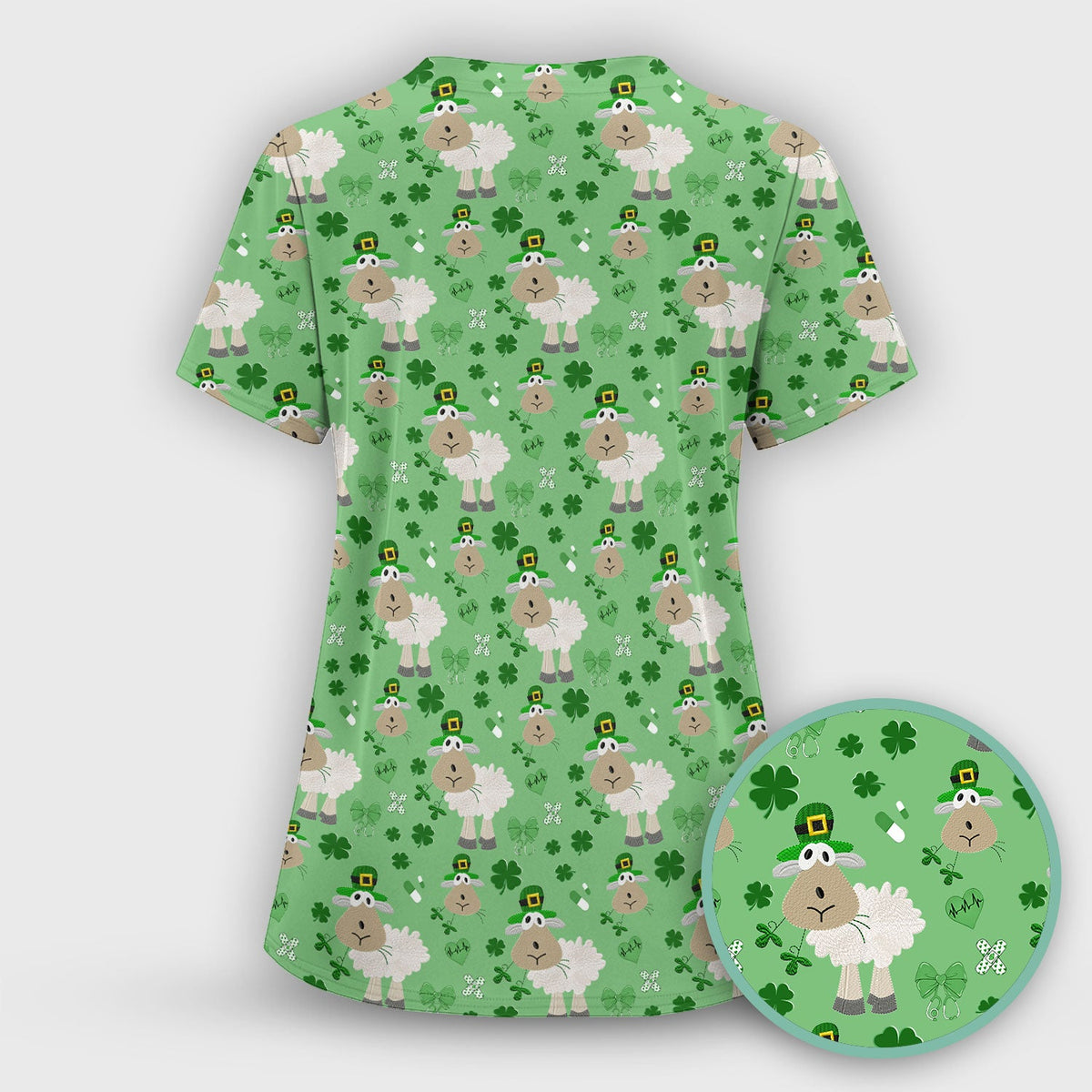 Nurse St. Patrick's Day Scrubs Top, Cute Sheep Shamrock Pattern Nurse Shirt, Breathable Fabrics Nursing Uniform