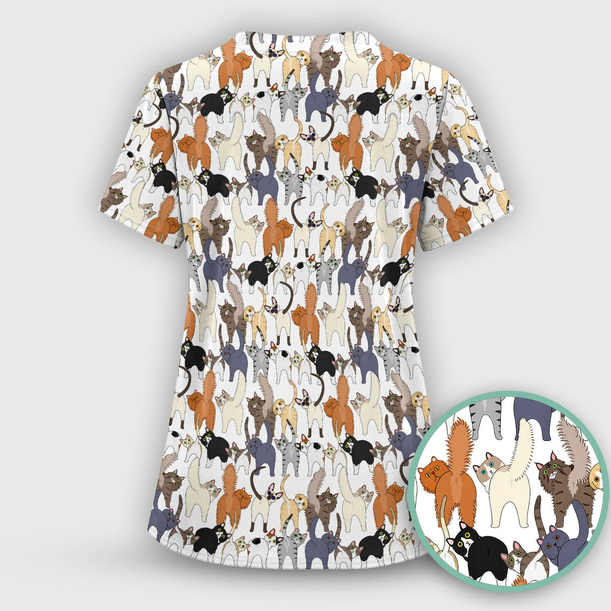 Whimsical Multicolor Cat Cartoon Nurse Scrub Top