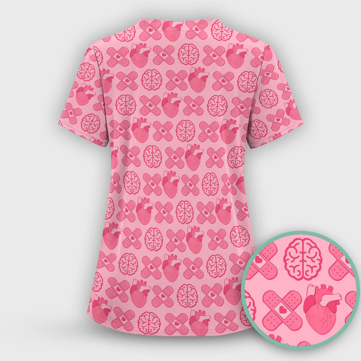 Heart & Brain Medical Icon Pattern Scrub Top, Breathable Fabrics Nursing Uniform