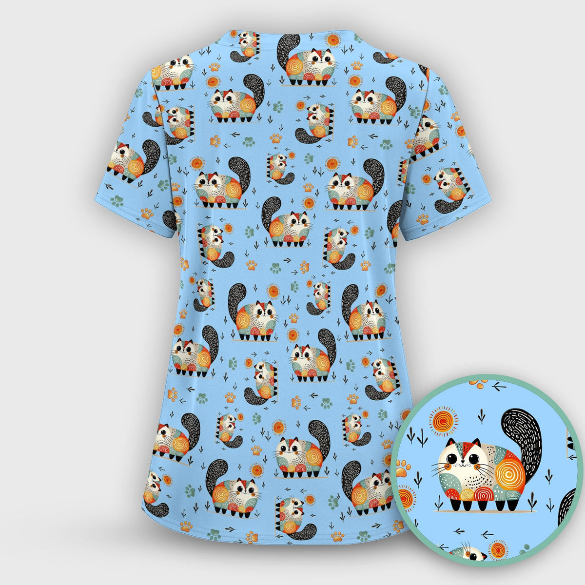 Cat Illustration Nurse Scrub Top