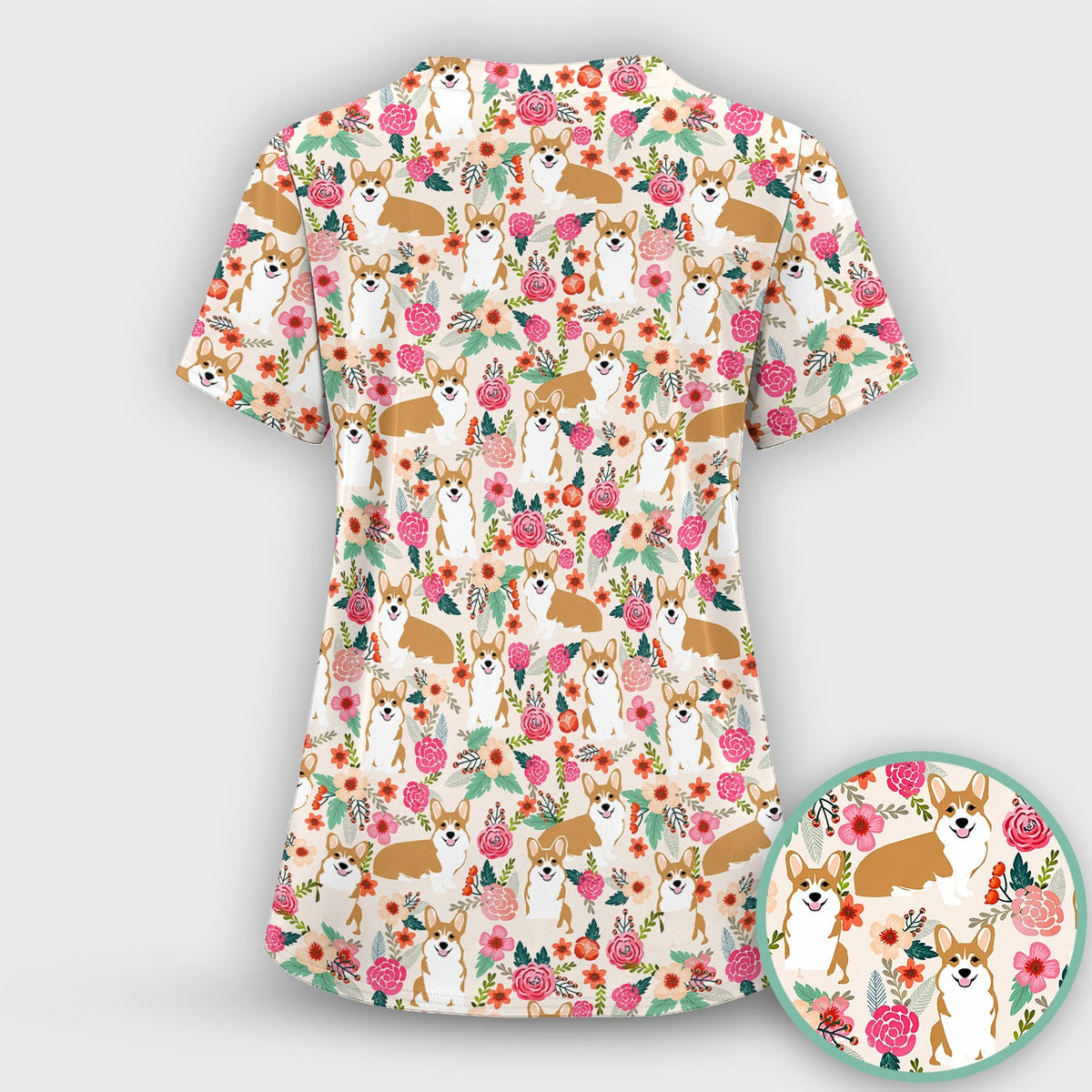 Corgi Floral Garden Nurse Scrub Top