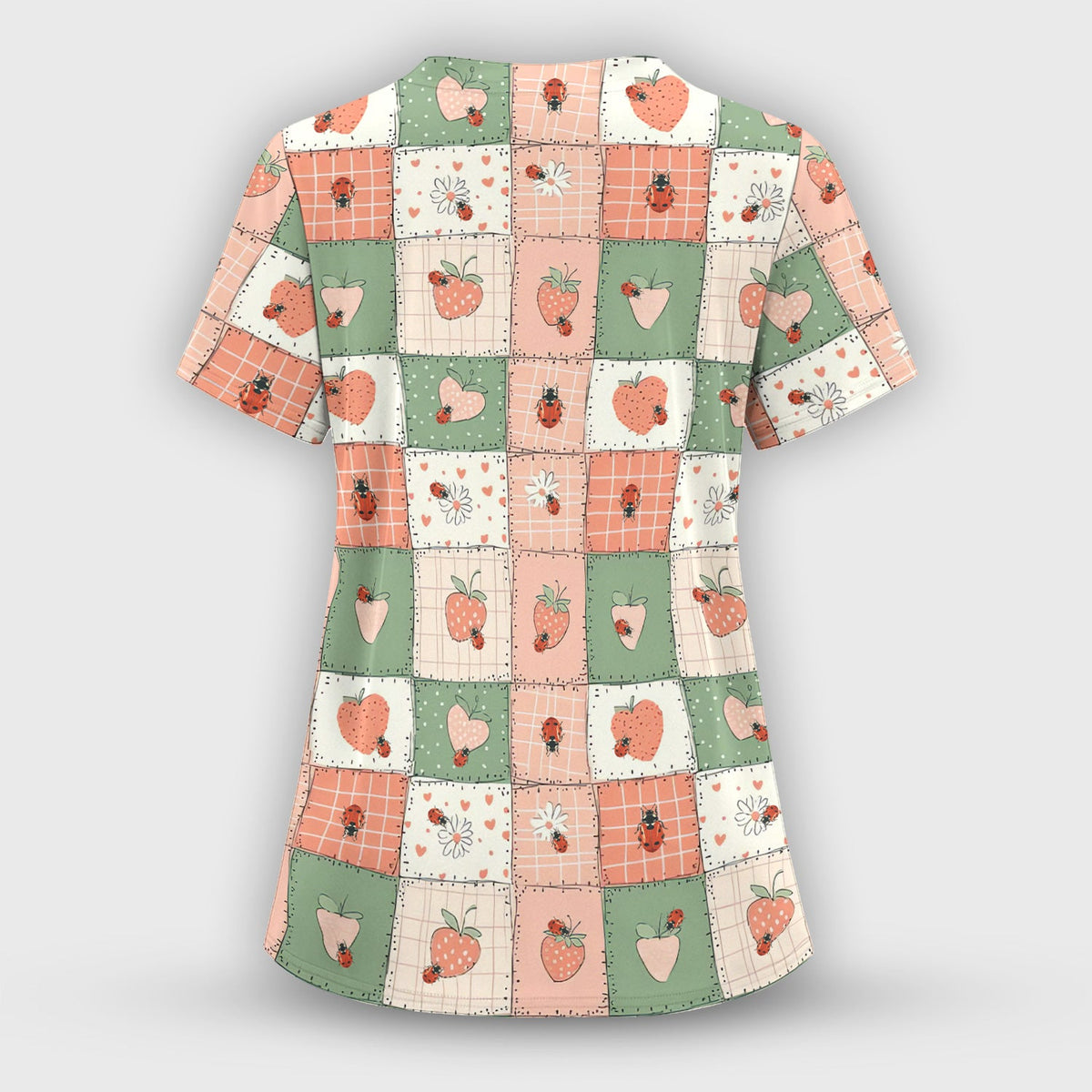 Strawberry Ladybug Patchwork Nurse Scrub Top