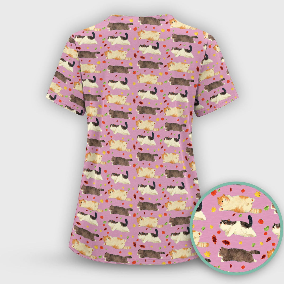 Chubby Cat Autumn Leaves Nurse Scrub Top