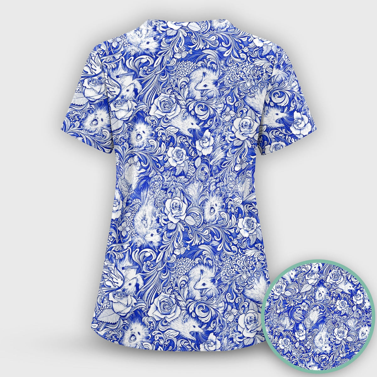 Blue Floral Opossum And Roses Nurse Scrub Set