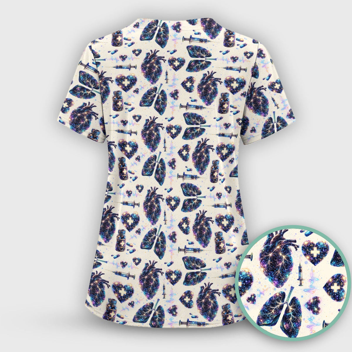 Galaxy Anatomical Heart Lung Syringe Nurse Scrub Top