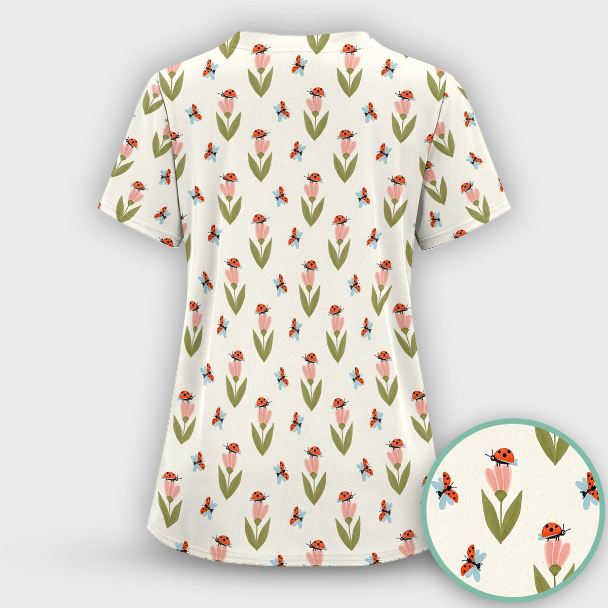 Ladybug Tulip Floral Nurse Scrub Top