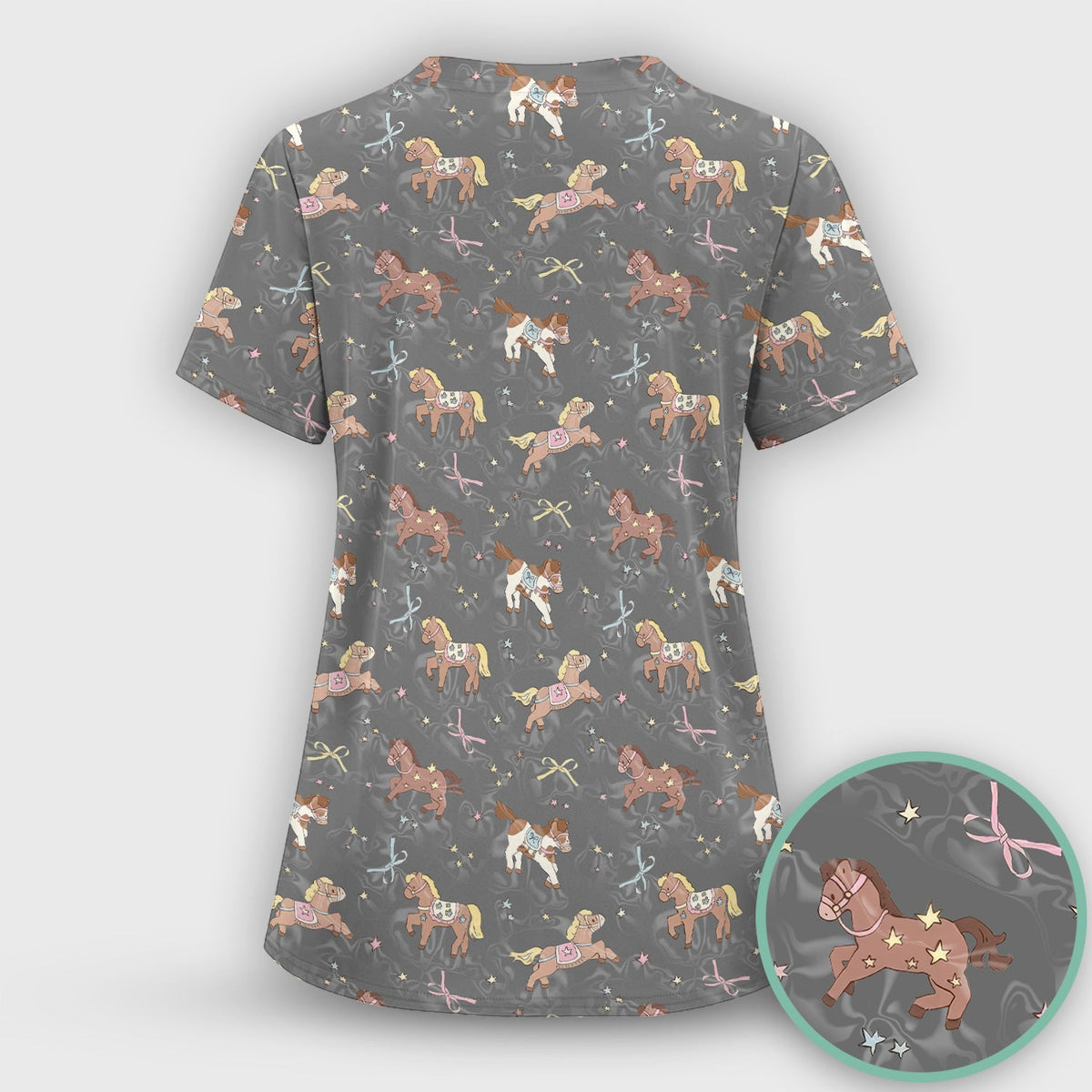 Cute Pony Star Pattern Scrub Top, Comfortable Scrubs for Nurses