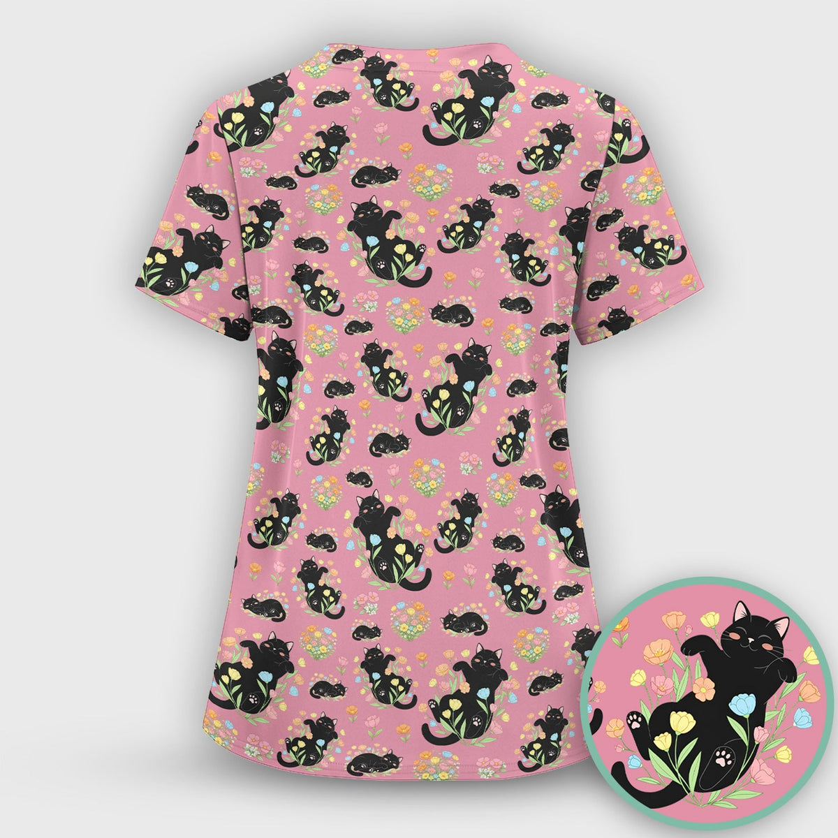 Cats Cute Poses Floral Nurse Scrub Set