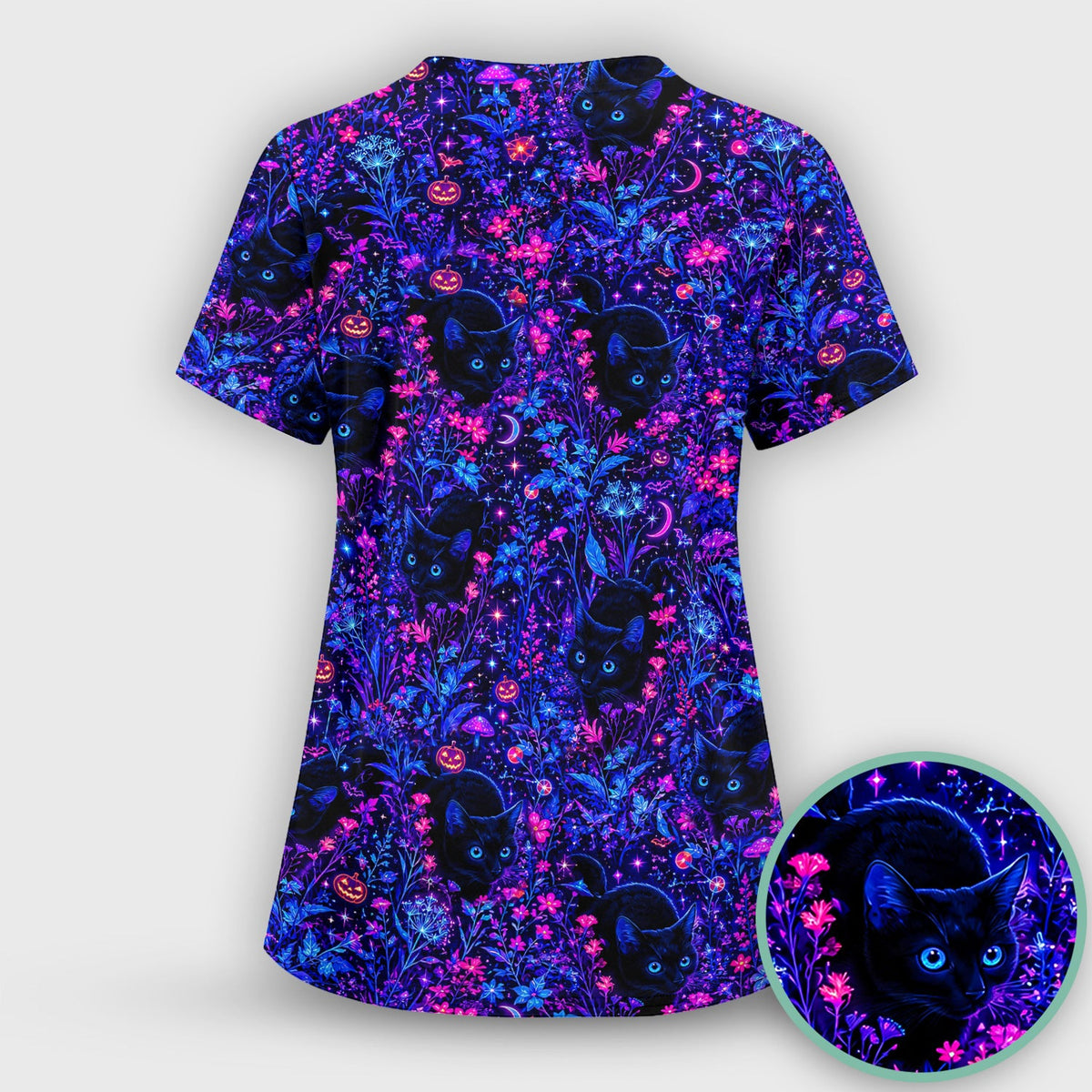 Spooky Black Cat Garden Nurse Scrub Top
