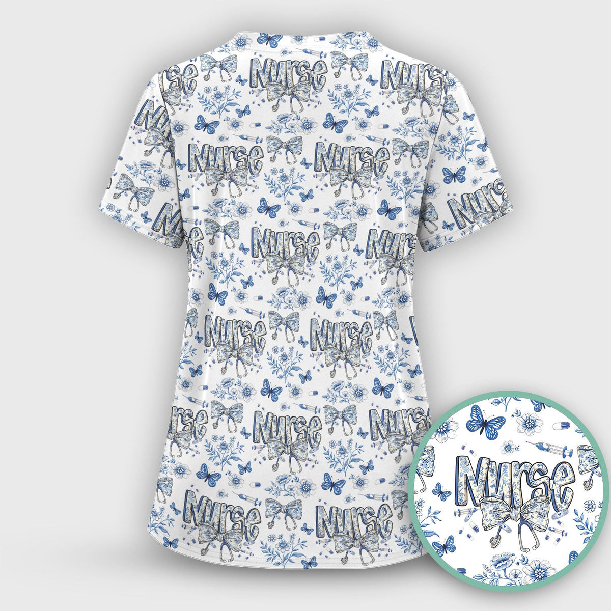 Blue Nurse Bow Butterfly Floral Scrub Set