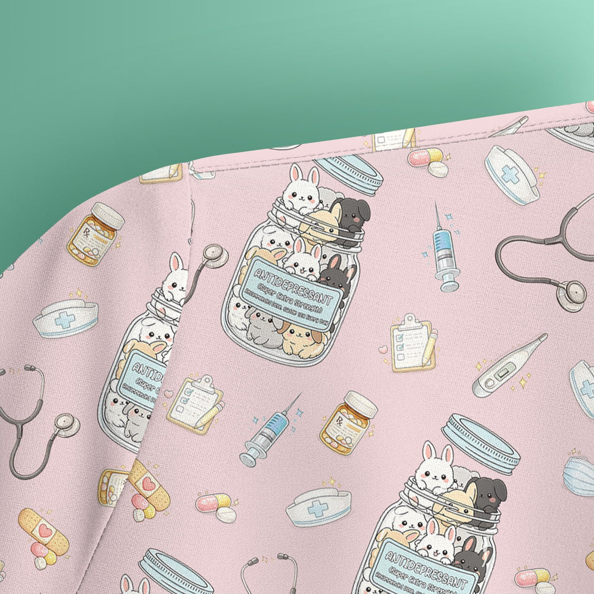 Whimsical Antidepressant Rabbit Jar Nurse Scrub Top
