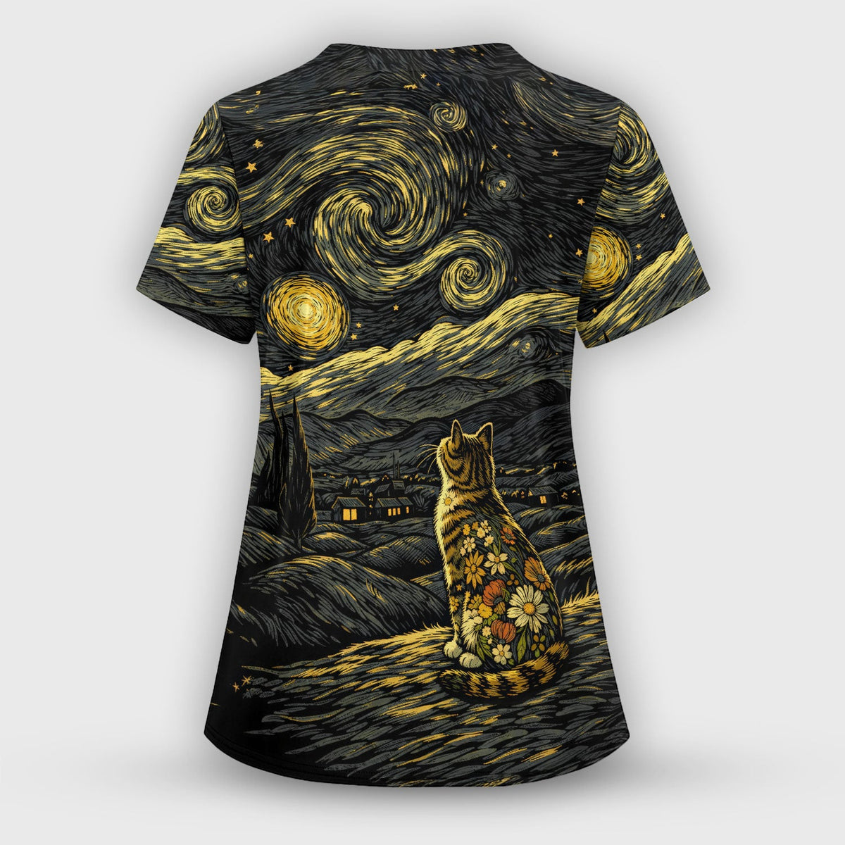 Galaxy Night Sky Cat With Flowers Print Scrub Set, Breathable Med Uniform