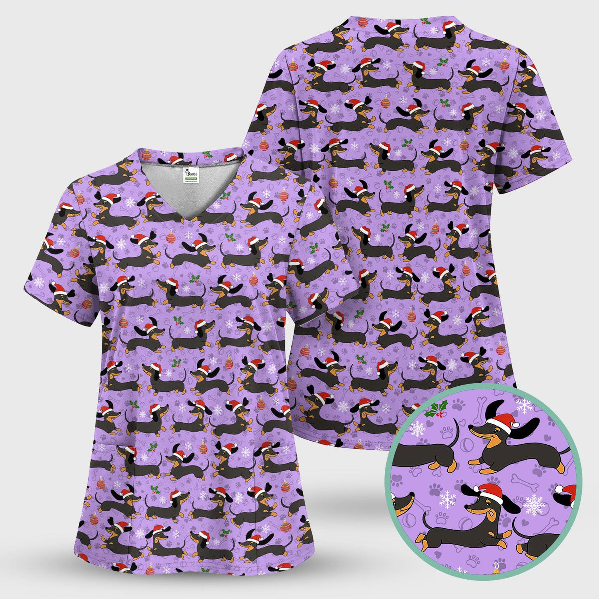 Holiday Dachshund Scrub Top - Cute Wiener Dog Santa Hat Nurse Shirt - Funny Christmas Medical Uniform RN LPN CNA Gift for Women