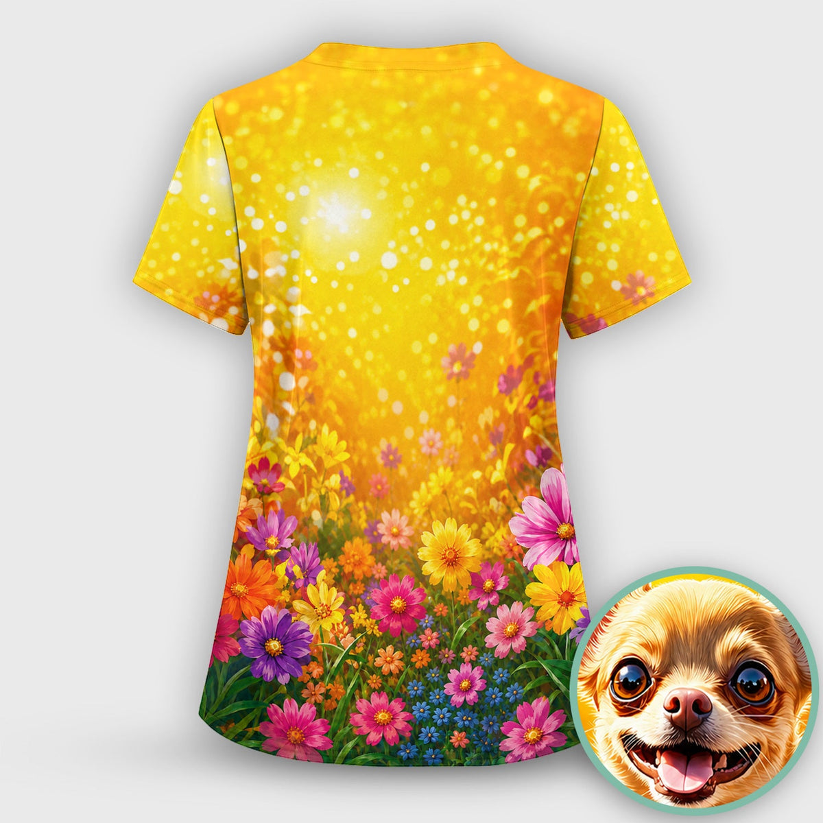 Chihuahua Flower Meadow Nurse Scrub Top