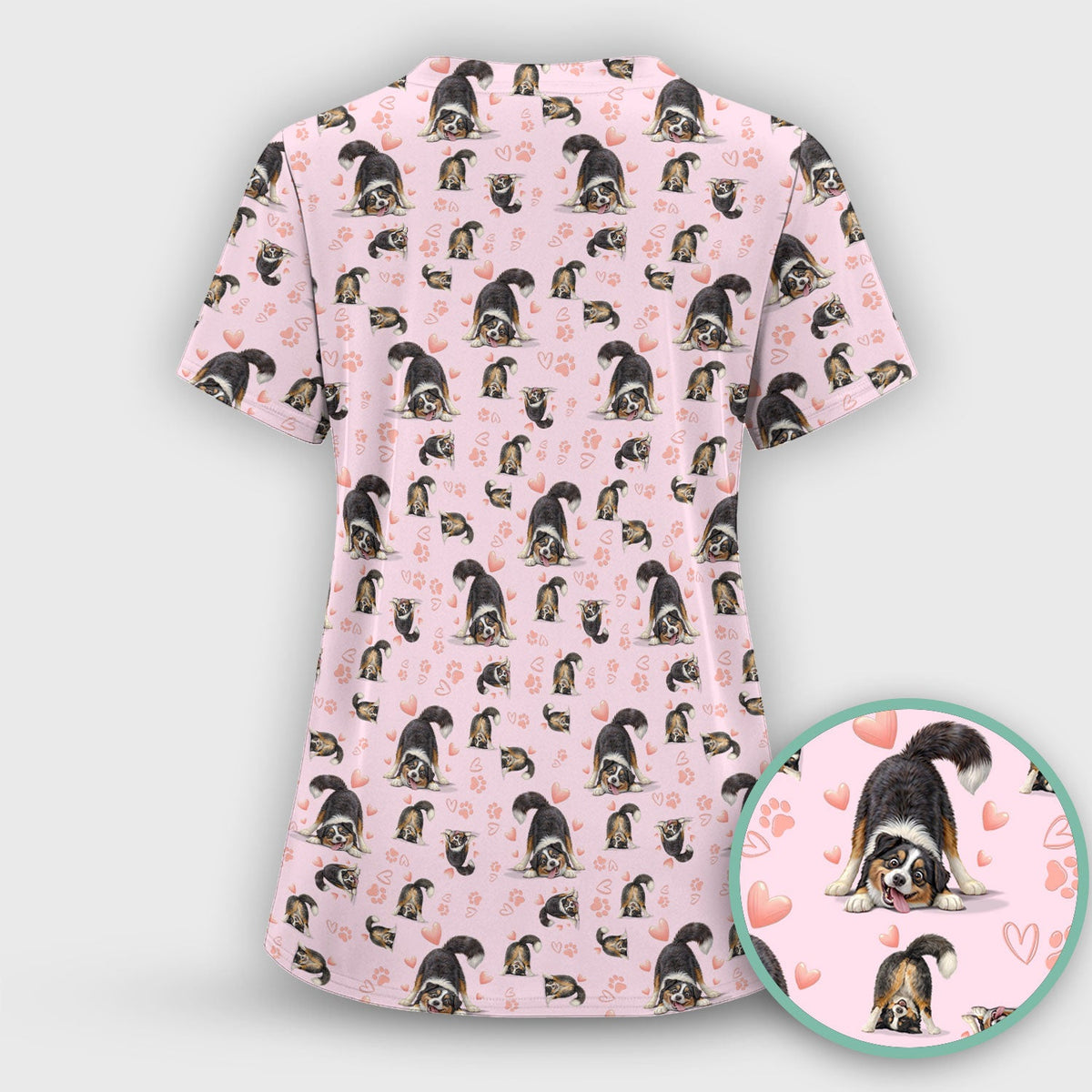 Playful Dog Heart Medical Print Scrub Top, Breathable Fabrics Nursing Uniform