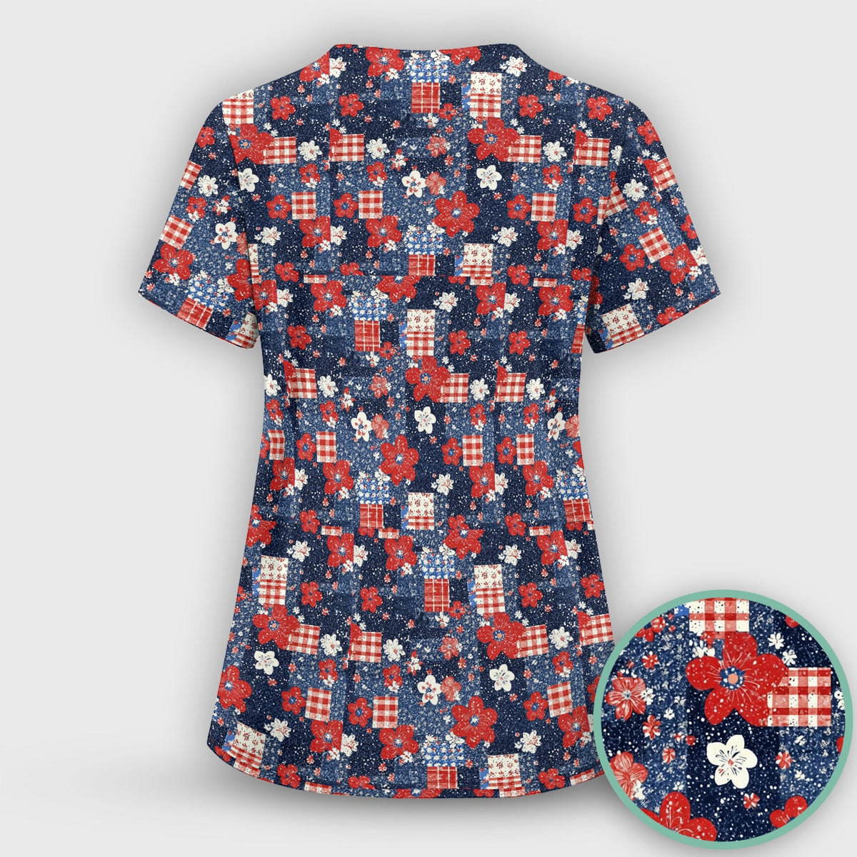 Patriotic Gingham Floral Patchwork Pattern Scrub Top, Comfortable Scrubs for Nurses