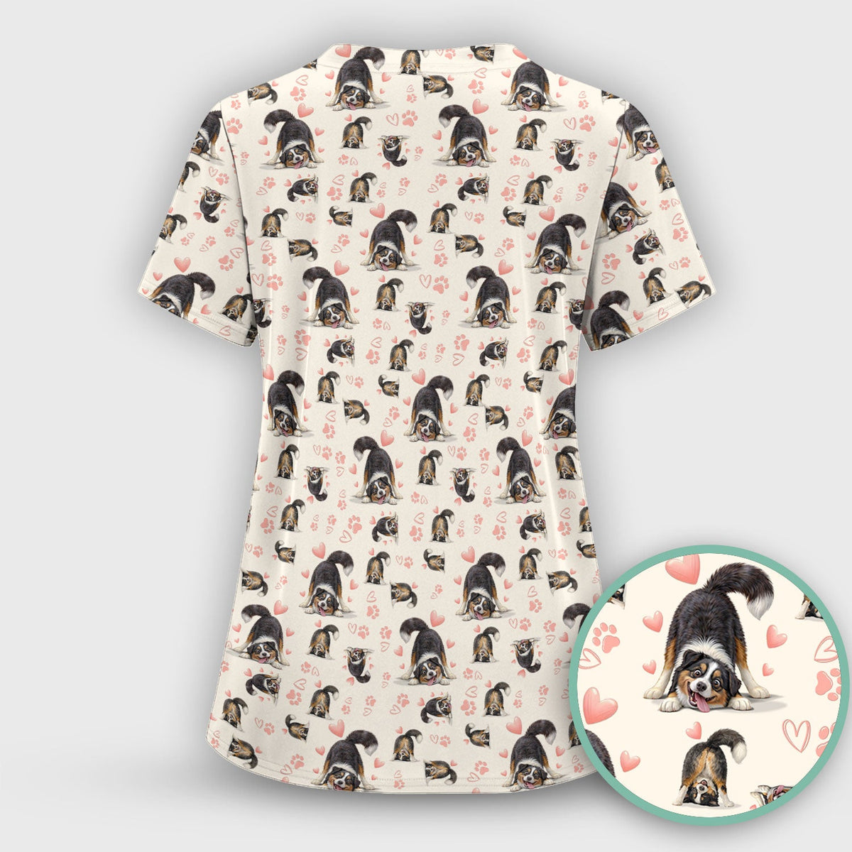 Playful Dog Heart Medical Print Scrub Top, Breathable Fabrics Nursing Uniform