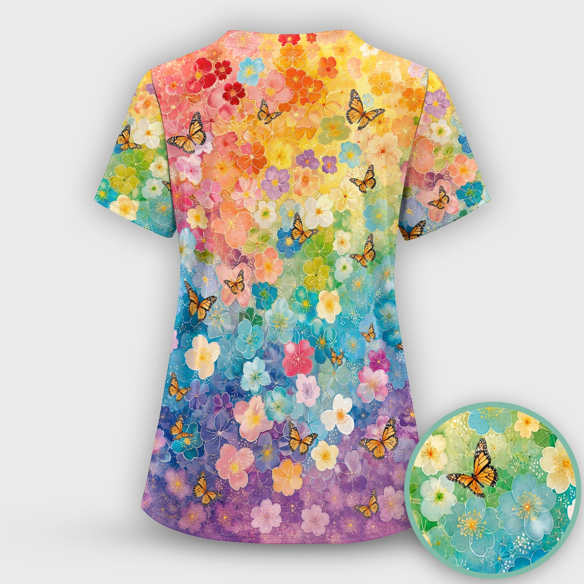Rainbow Butterfly Floral Blossom Nurse Scrub Top