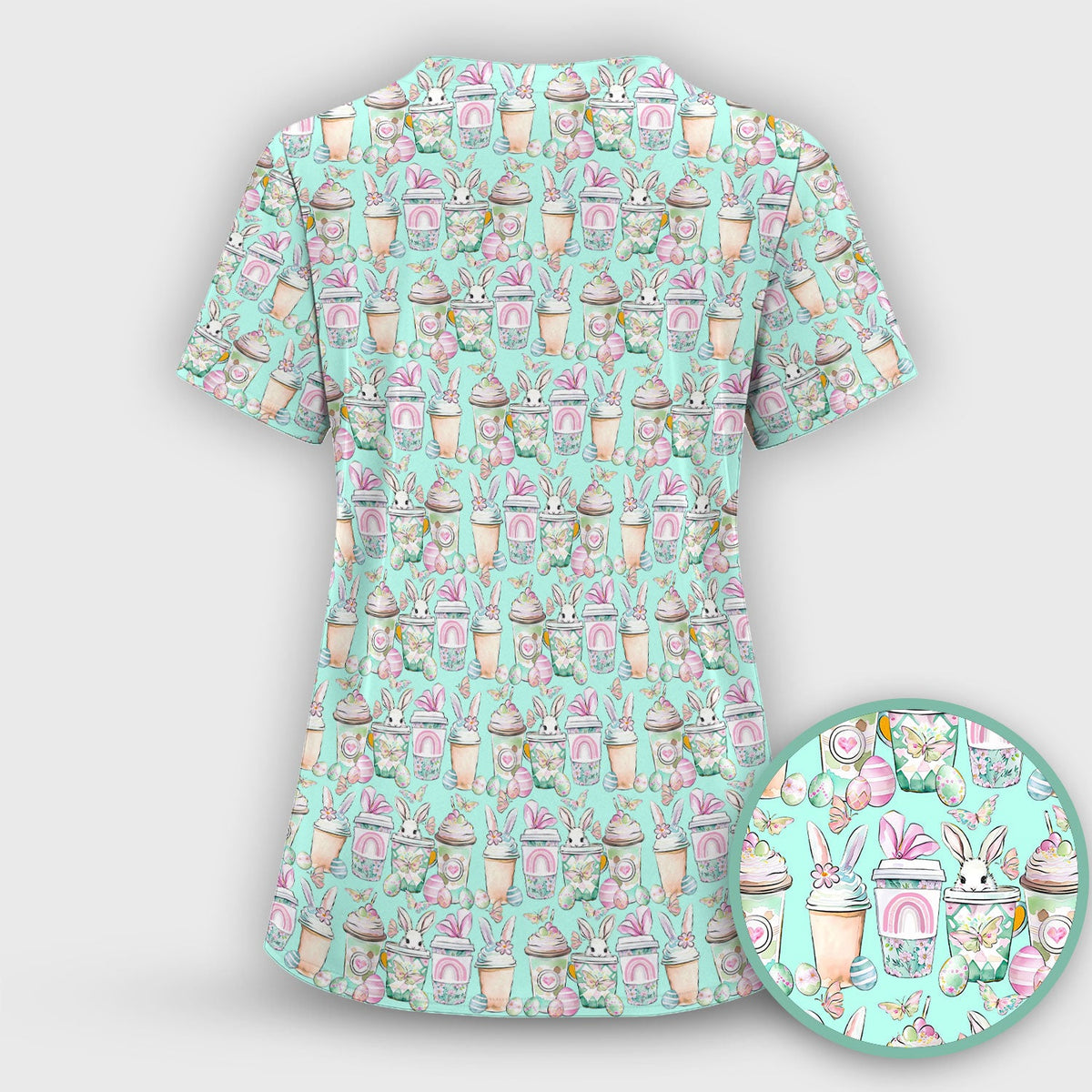 Cute Easter Bunny Coffee Cup Pattern Scrub Top, Comfortable Scrubs for Nurses