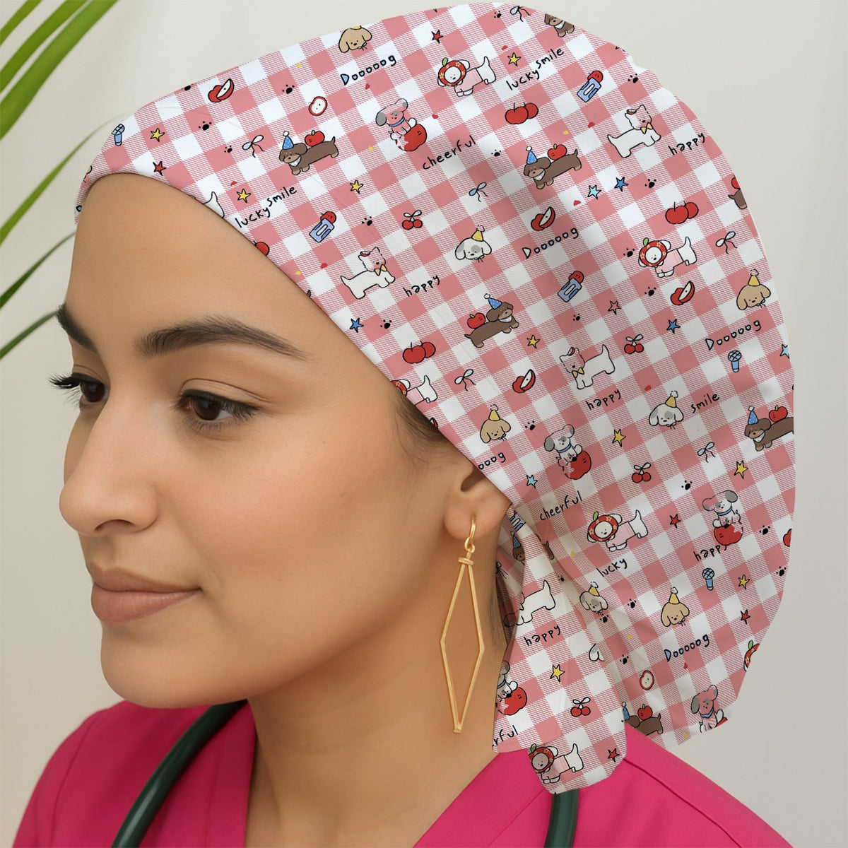 Cartoon Puppy Apple Gingham Scrub Cap