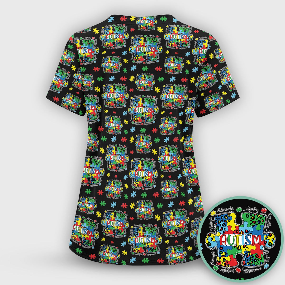 Autism Awareness Puzzle Black White Nurse Scrub Top