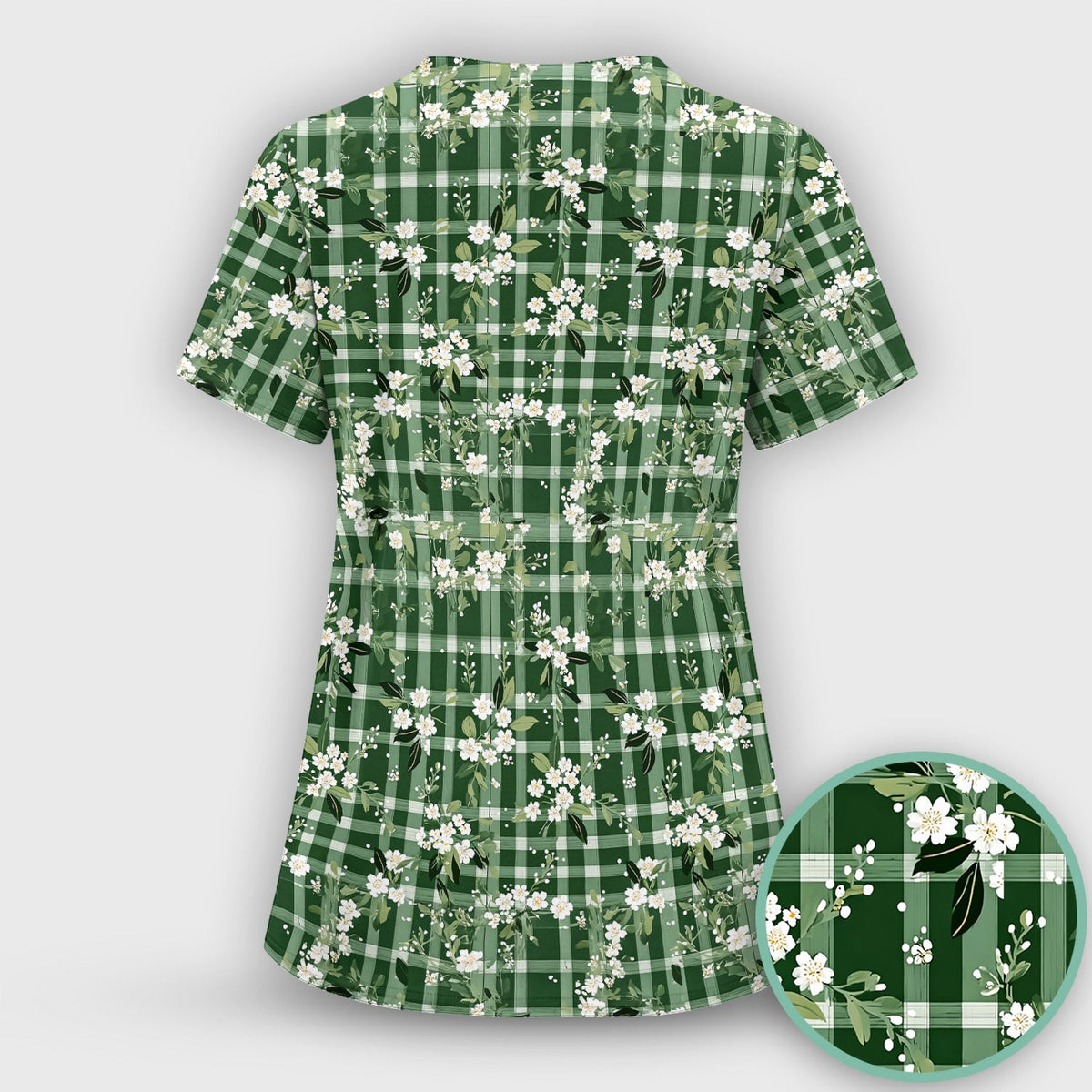 Green Gingham Floral Nurse Scrub Top