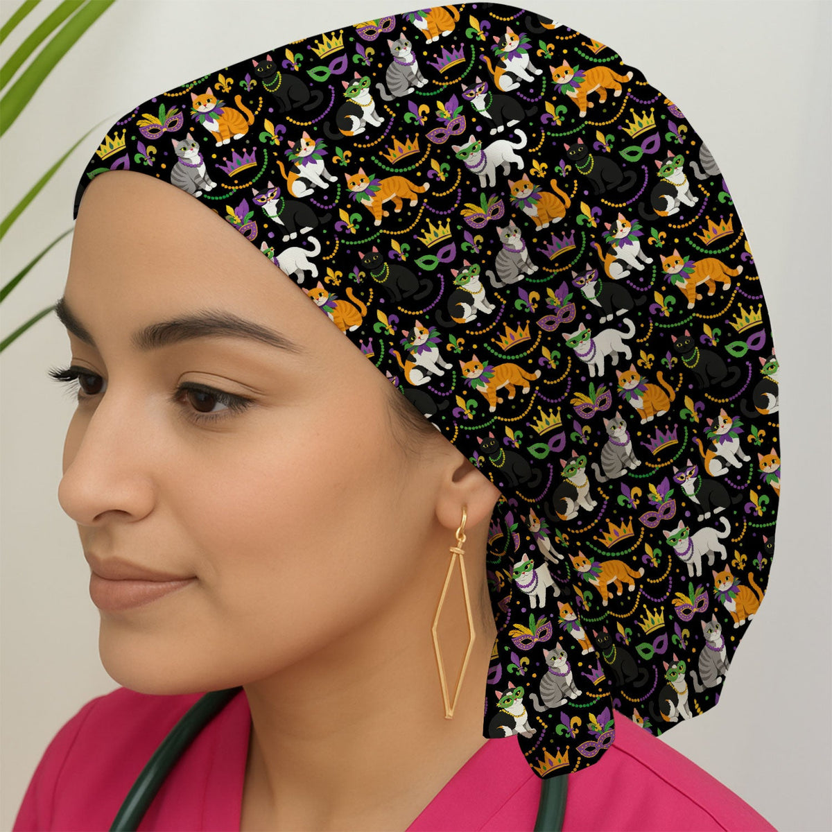 Cat Mardi Gras Nurse Scrub Cap