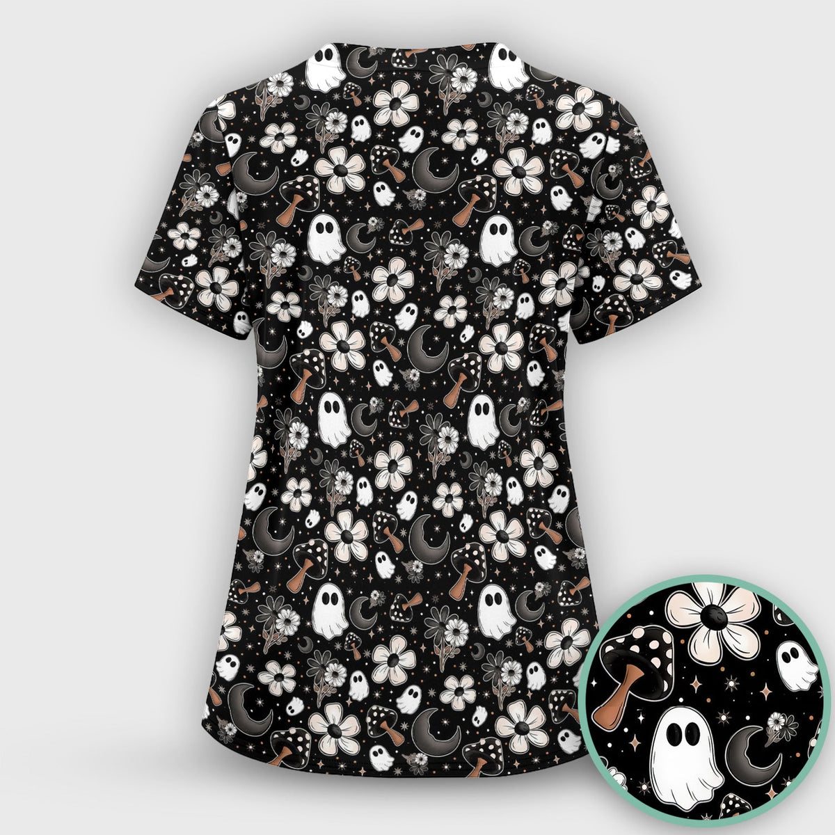 Floral Mushroom Ghost Nurse Scrub Top