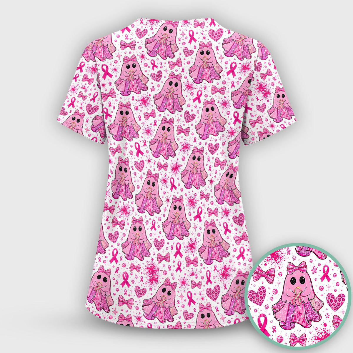 Breast Cancer Ribbon Ghost Princess Scrub Top, Comfortable Scrubs for Nurses