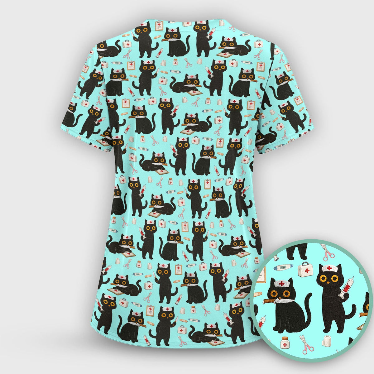 Cute Black Cat Nurse Scrub Top