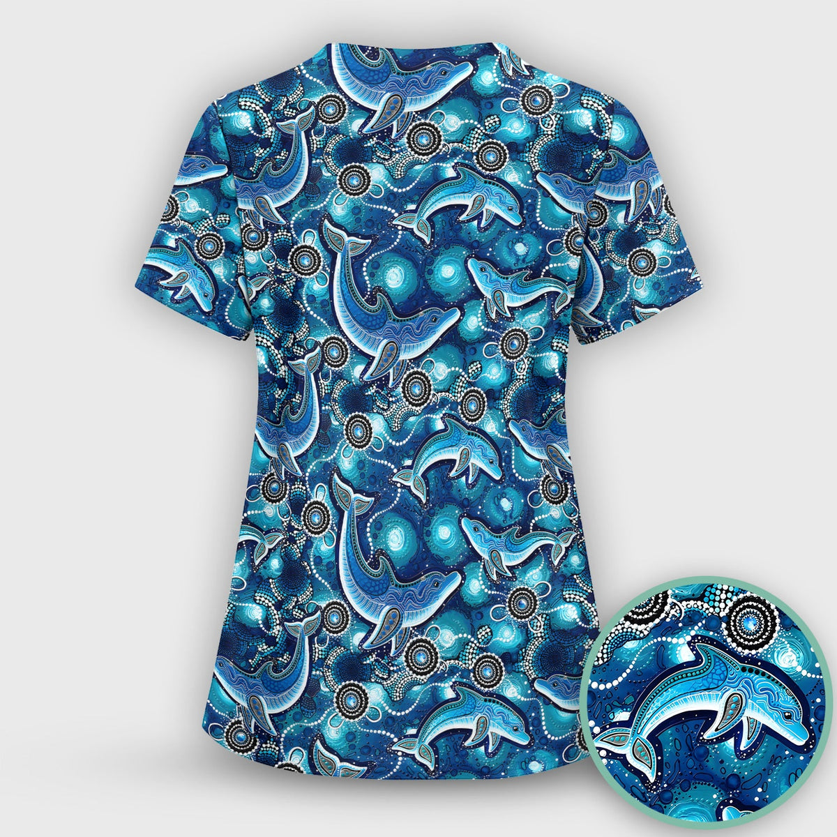 Ocean Dolphin Aboriginal Dot Print Scrub Set, Scrub Pants and V Neck Top