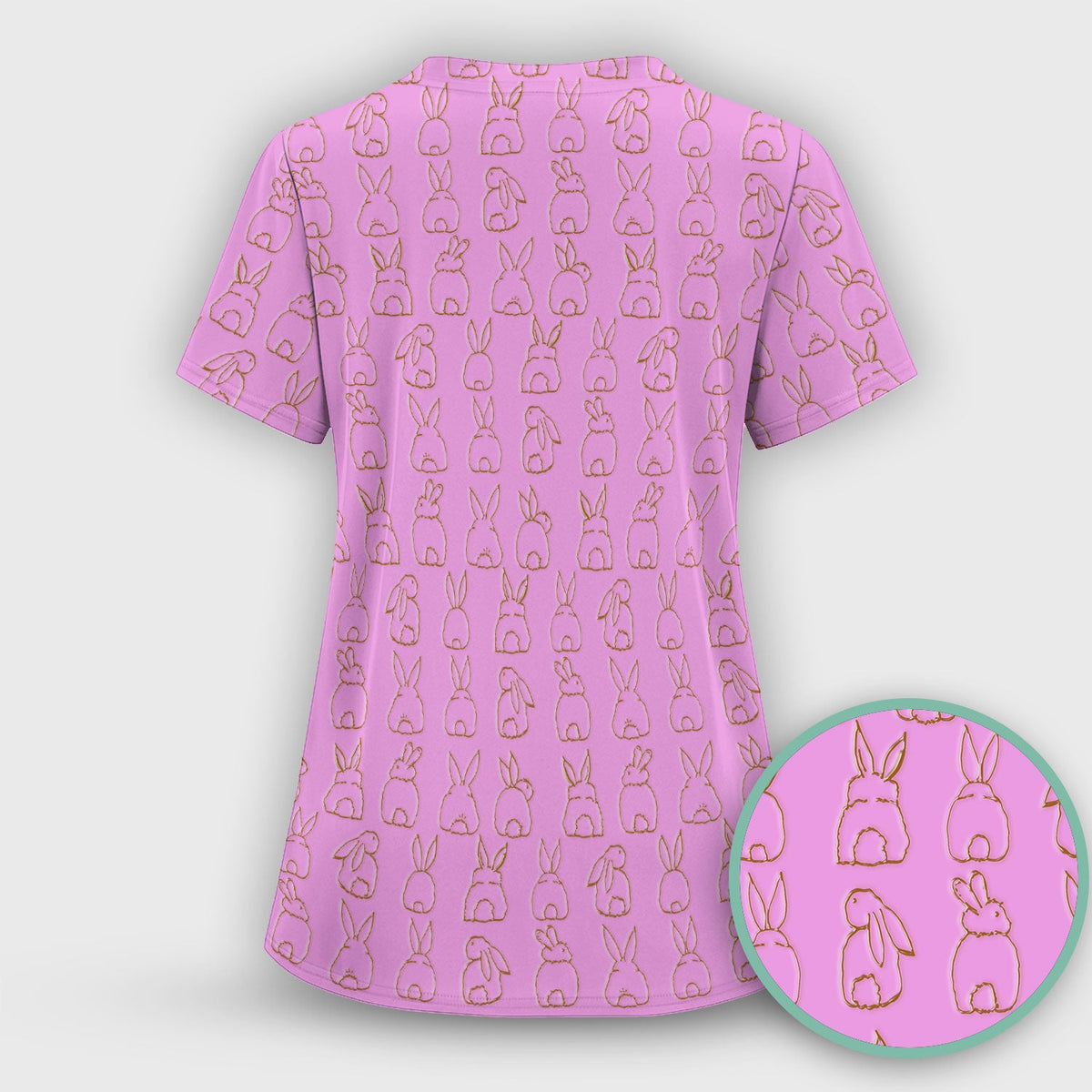 Cartoon Bunny Line Art Nurse Scrub Top - Easter Gift