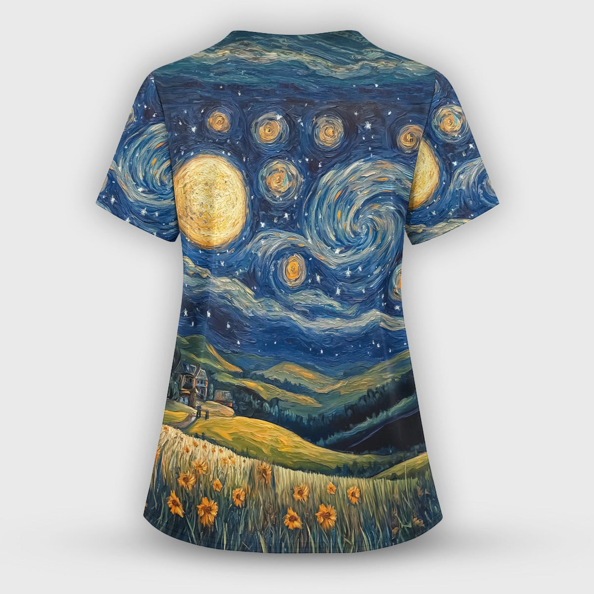 Artistic Highland Cow Starry Night Scene Pattern Scrub Set, Scrub Pants and V Neck Top