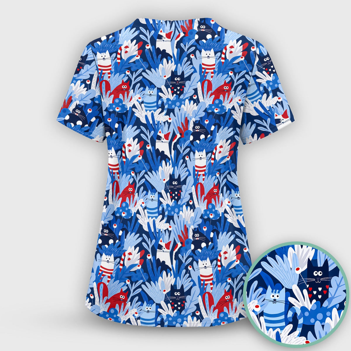 Cats Among Blue Foliage Nurse Scrub Top