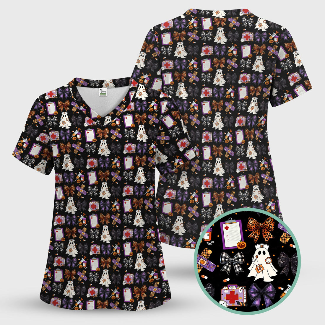 Ghost Leopard Bow Nurse Scrub Top - Halloween Gift