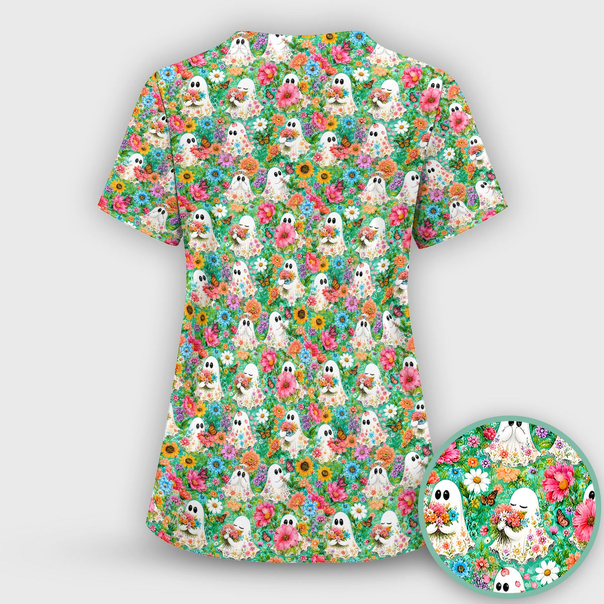 Halloween Floral Ghosts Nurse Scrub Top