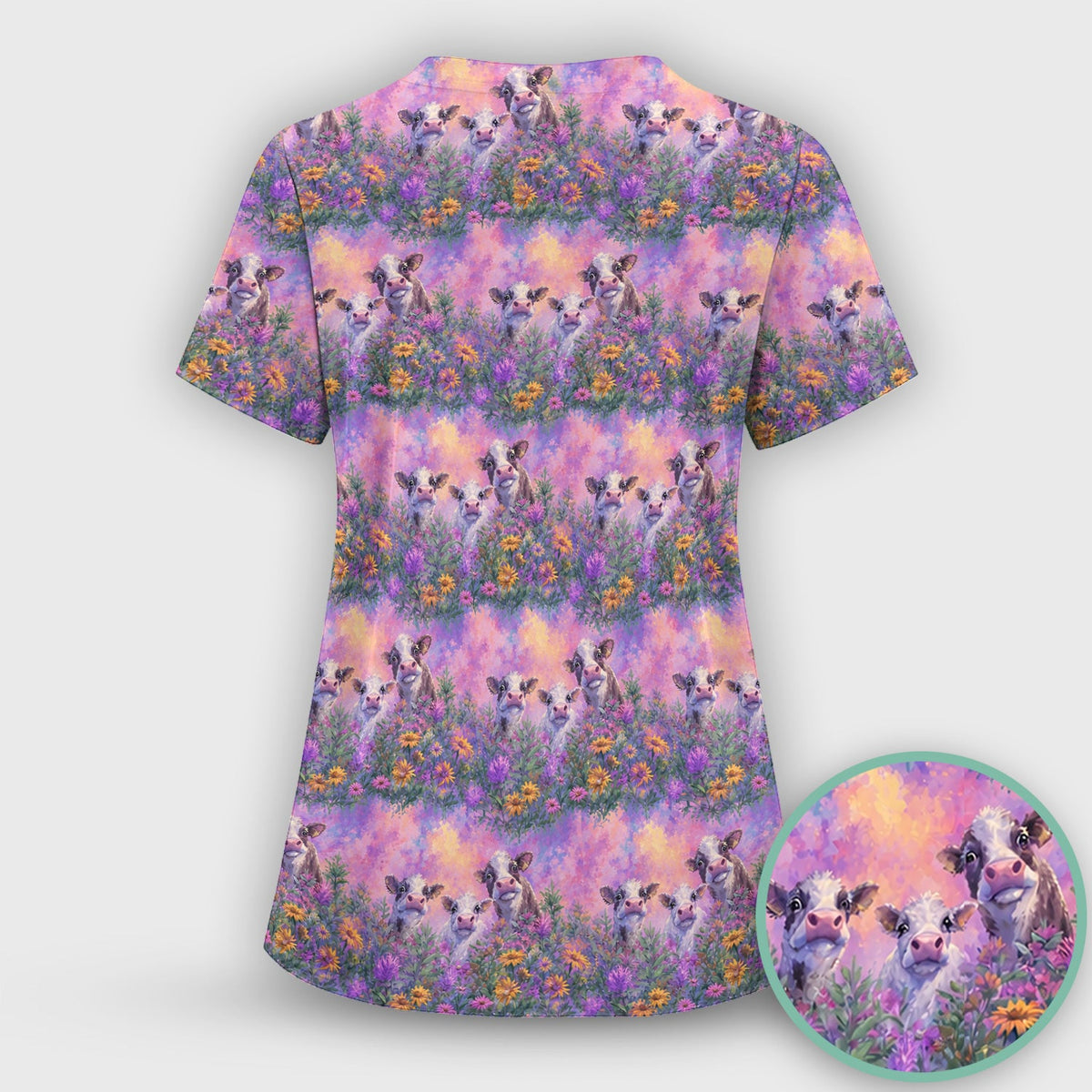 Pastel Cow Meadow Flower Nurse Scrub Set
