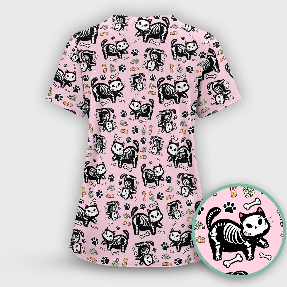 Skeleton Cat Medical Pattern Scrub Set, Scrub Pants and V Neck Top