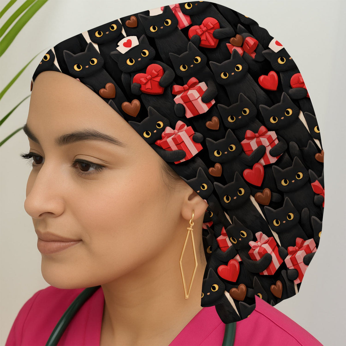 Black Cat Valentine Heart Scrub Cap