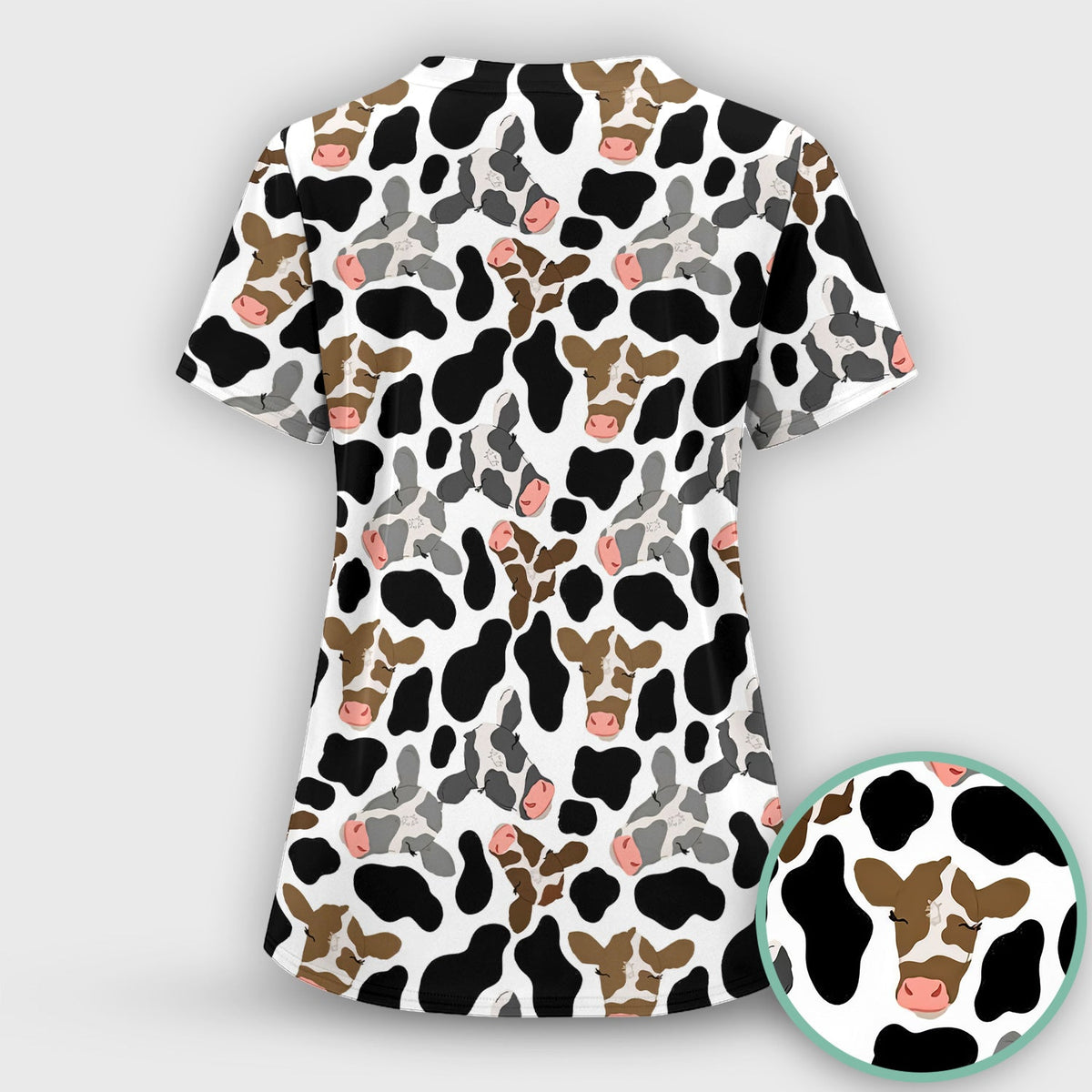 Cow Face Black White Nurse Scrub Top