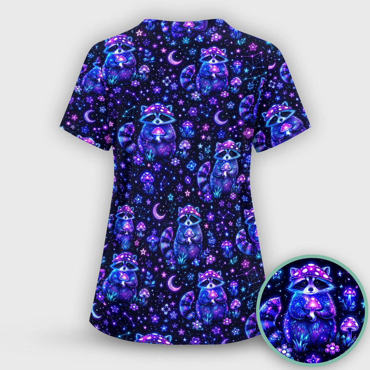 Neon Mushroom Raccoon Galaxy Nurse Scrub Top