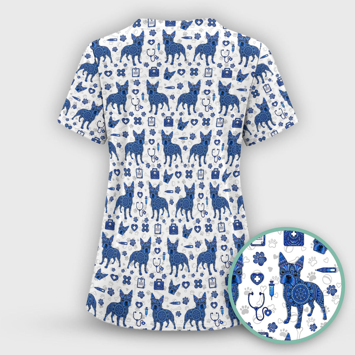 Blue Heeler Australian Cattle Dog Scrub Top, Australia Dot Art Pattern Shirt, Breathable Fabrics Nursing Uniform