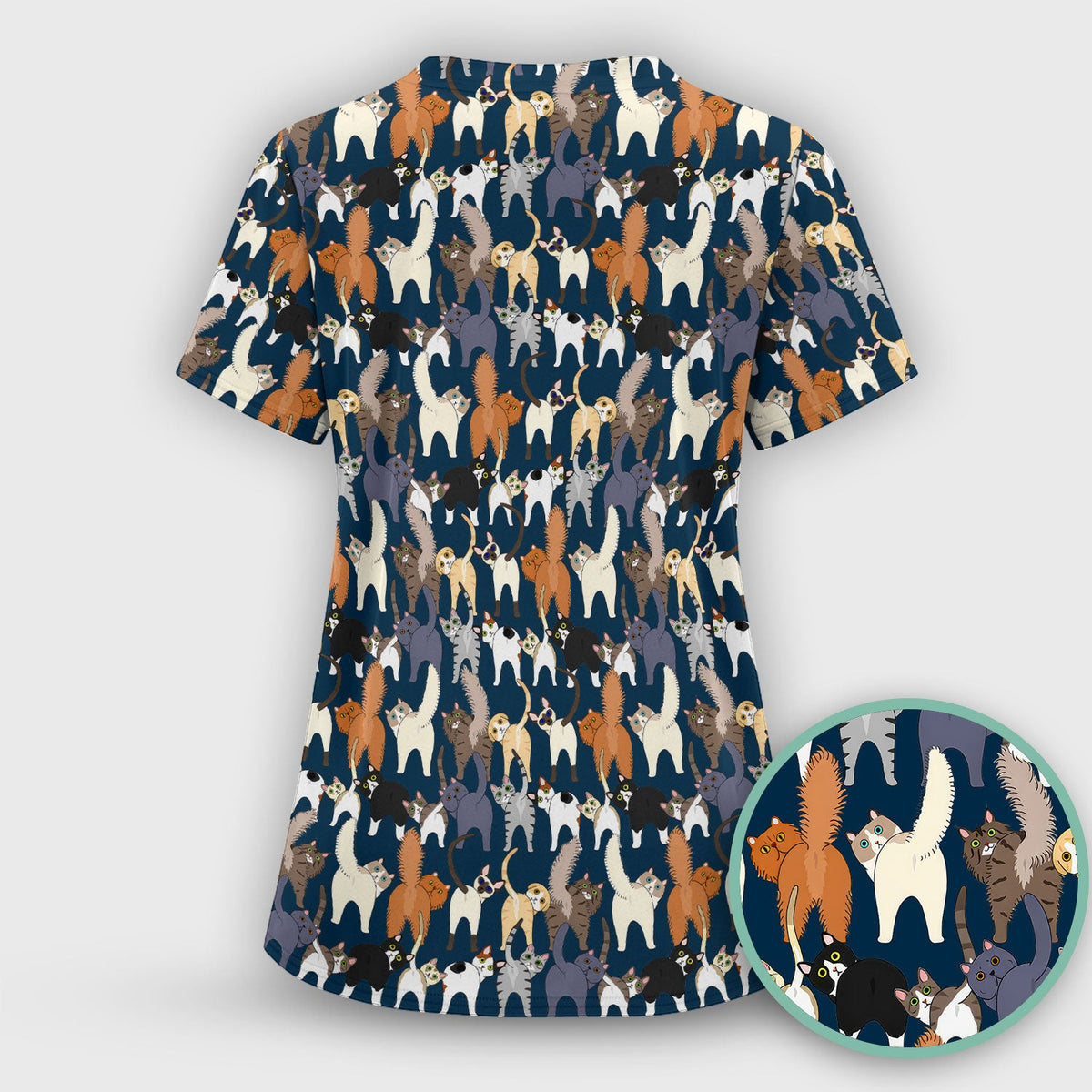 Whimsical Multicolor Cat Cartoon Nurse Scrub Set