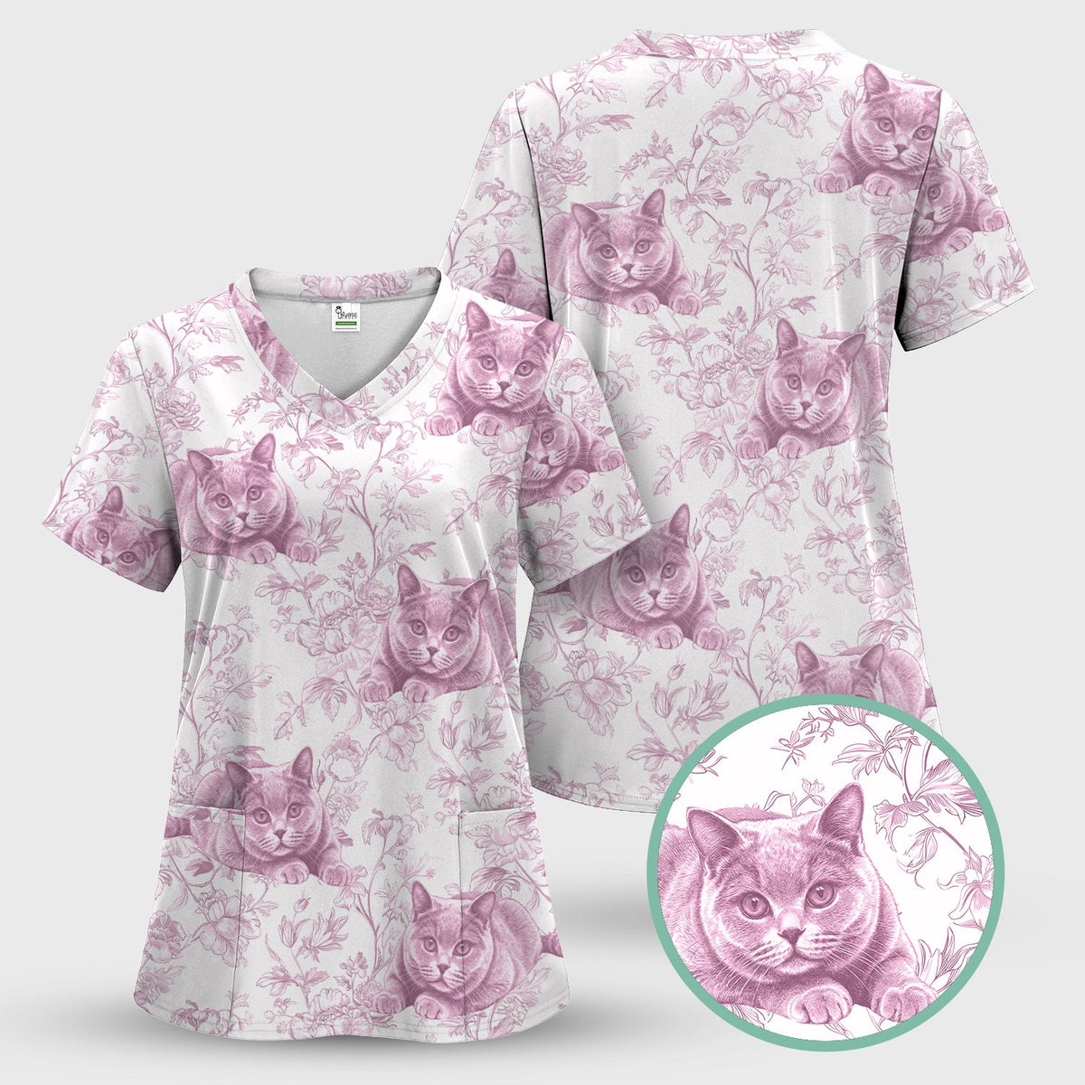 Dog Cat Chinoiserie Nurse Scrub Top