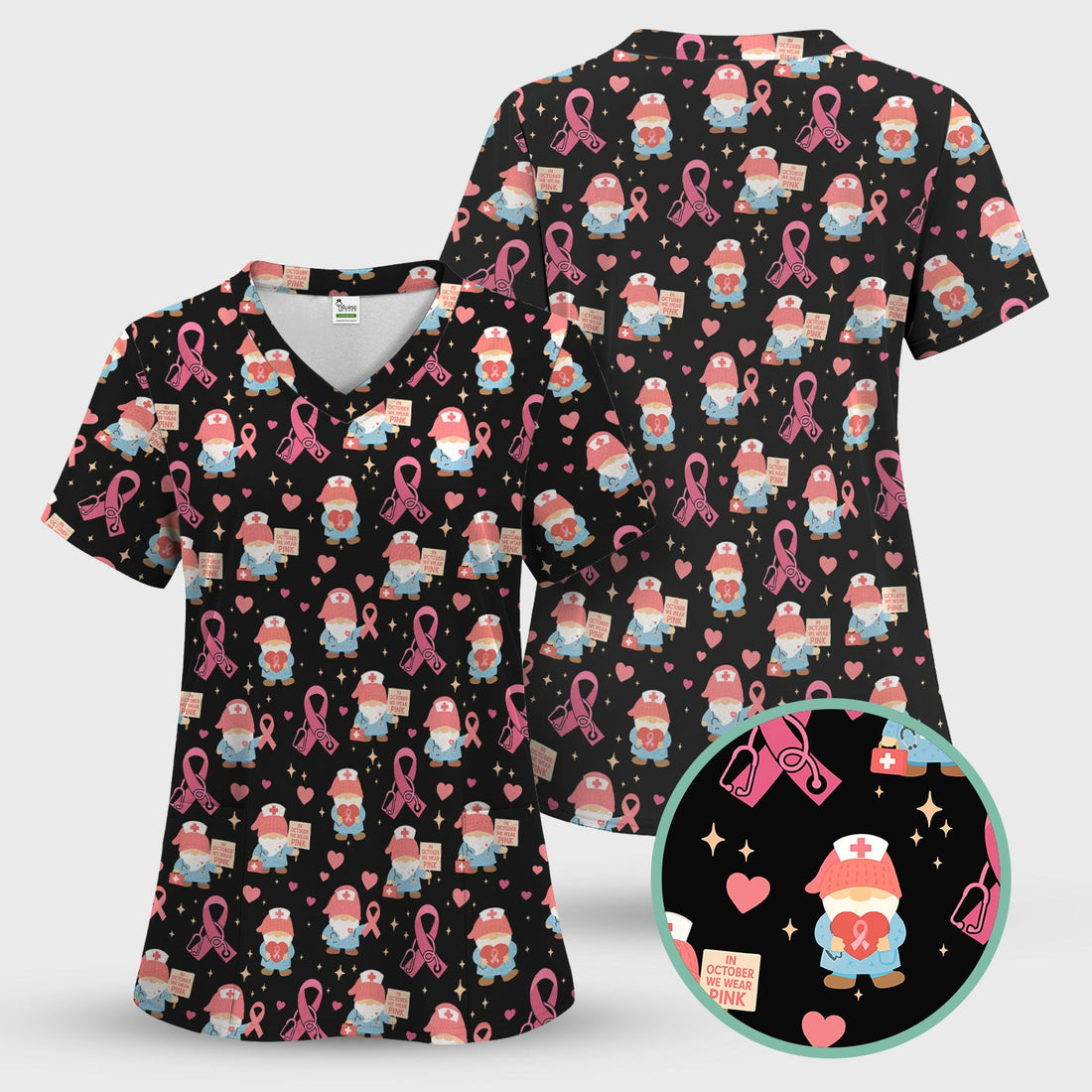 Breast Cancer Awareness Gnome Nurse Scrub Top