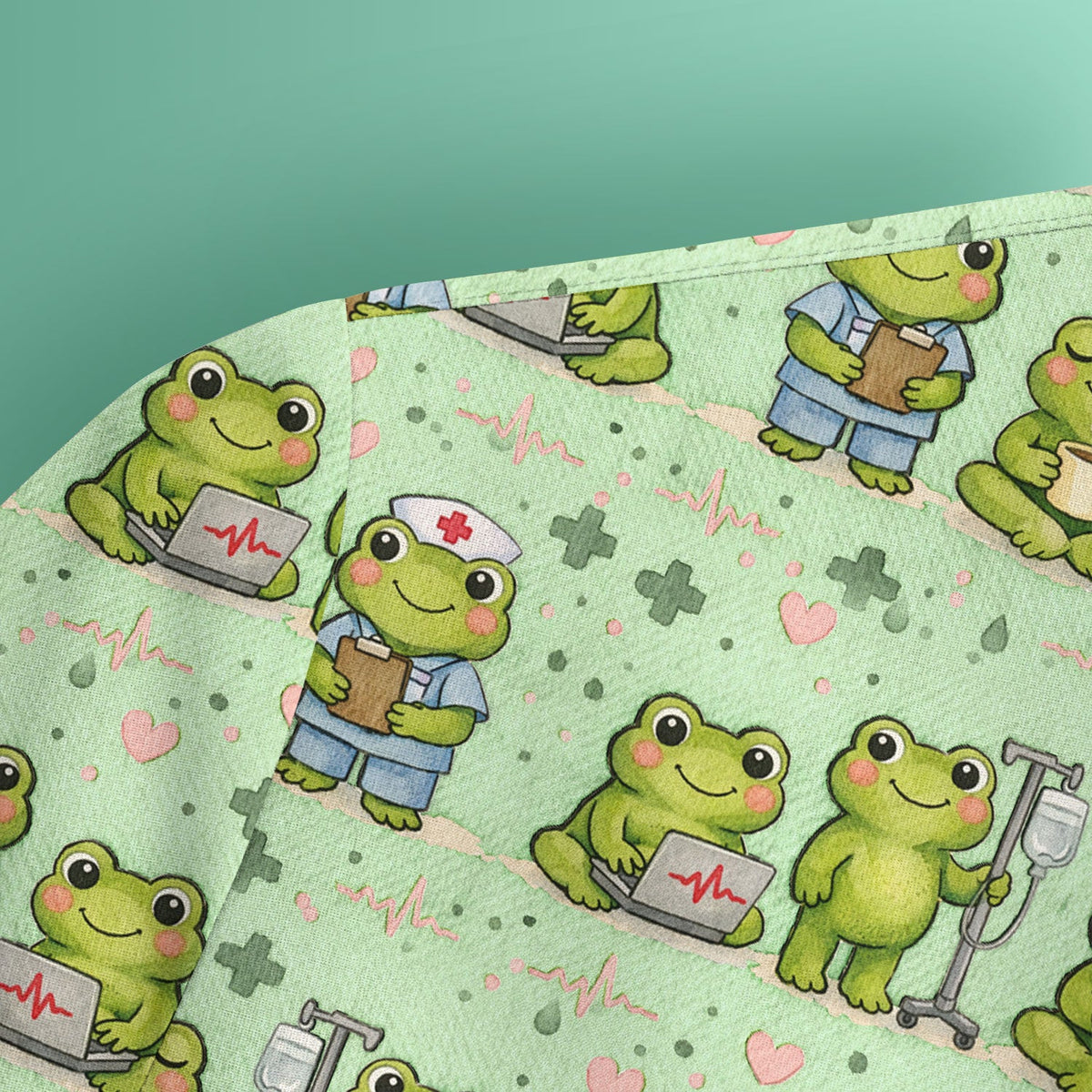 Adorable Frog Nurse Various Poses Print Scrub Top, Comfortable Scrubs for Nurses