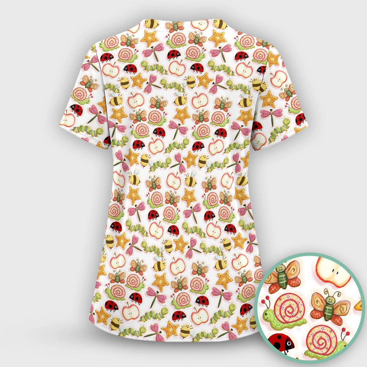 Snail Ladybug Caterpillar Apple Garden Nurse Scrub Top